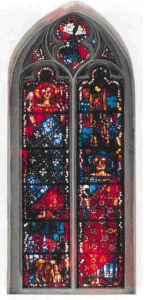 Chorfenster Thayngen (Foto: Stefan Bösch) Chorfenster Thayngen: Entstehung
Im Jahr 1935 erhielt die Evangelisch-reformierte Kirchgemeinde Thayngen-Barzheim von den Erben des in Genf verstorbenen Thaynger Bürgers Jacques Hübscher eine Stiftung mit dem Zweck, ein künstlerisch wertvolles Fenster für die Kirche erstellen zu lassen. Hauptsächlich dem grossen persönlichen Engagement des damaligen Pfarrers Guido Ammann war es zu verdanken, dass der bekannte Künstler Augusto Giacometti (1877-1947) für diesen Auftrag gewonnen werden konnte. Das Kunstwerk entstand in der verhältnismässig langen Zeit von etwa zwei Jahren und wurde am 19. Juni 1938 feierlich eingeweiht.
Beschreibung des Fensters
Das Masswerk teilt das Fenster in zwei Teile. In der linken Hälfte steht der gute Hirte, rechts der Weingärtner. Beide Figuren sind frontal festgehalten, diagonal angeordnet und von ihren spezifischen Attributen begleitet: unten links vom Schäfchen, oben rechts vom Weinstock. Im Kopffeld ist die Lilienblüte dargestellt.
(Foto: Stefan Bösch)