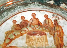 Das Abendmahl: Jesus mit vier J&uuml;ngern, Katakombe San Marcelino, Rom