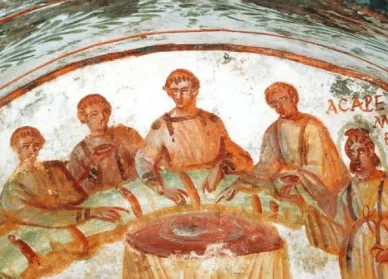 Das Abendmahl: Jesus mit vier J&uuml;ngern, Katakombe San Marcelino, Rom